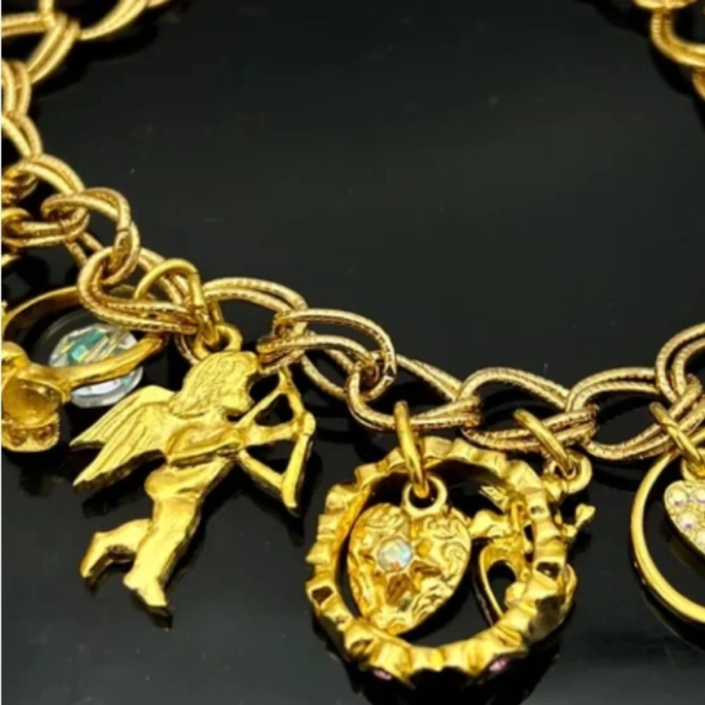 Kirks Folly charm bracelet crystal gold rings hearts cherubs dangles -Bnwot - Picture 5 of 15